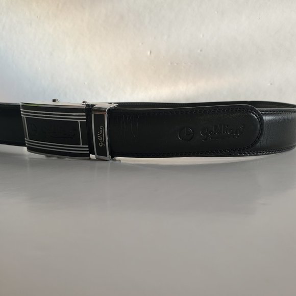 Vtg Men's Black Leather Belt GOLDLION w/ Chrome Rect Lock Buckle Office Career - Picture 4 of 8